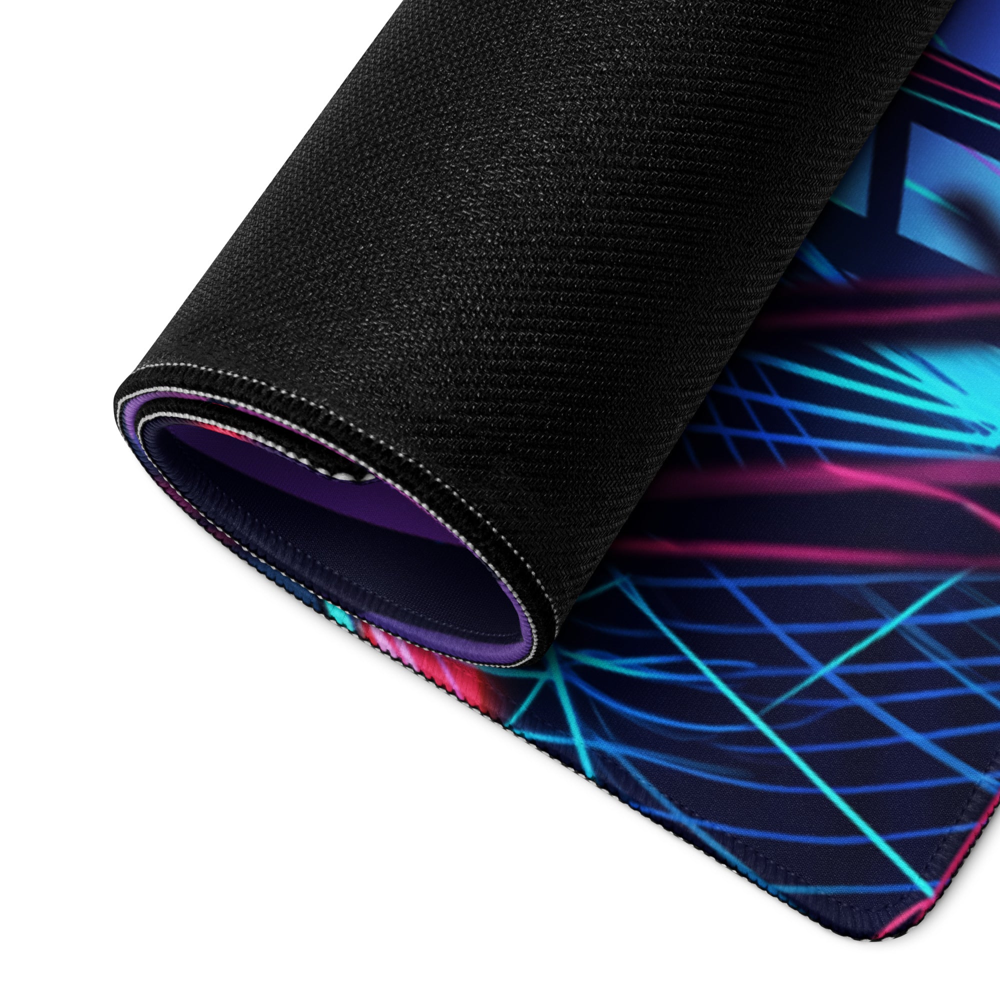 Vaporwave neon city gaming mousepad with black textured surface and vibrant blue pink purple glowing lines