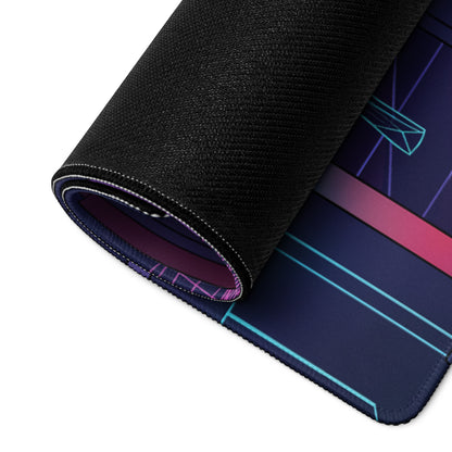 A rolled-up neon vaporwave cityscape mouse pad with a dark navy base and glowing teal and magenta geometric lines