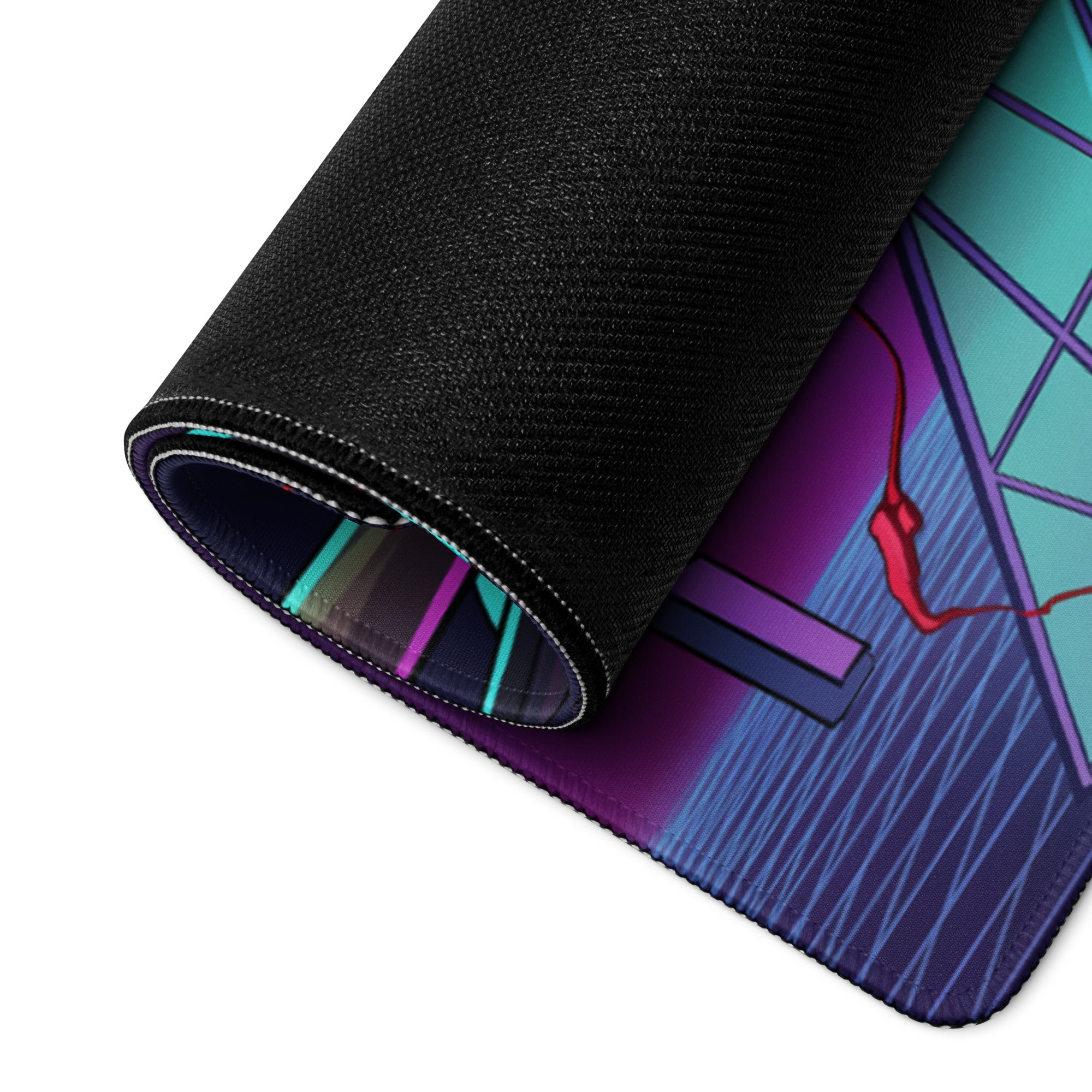A rolled-up large neon vaporwave anime mouse pad with vibrant teal purple and red geometric design on black textured surface