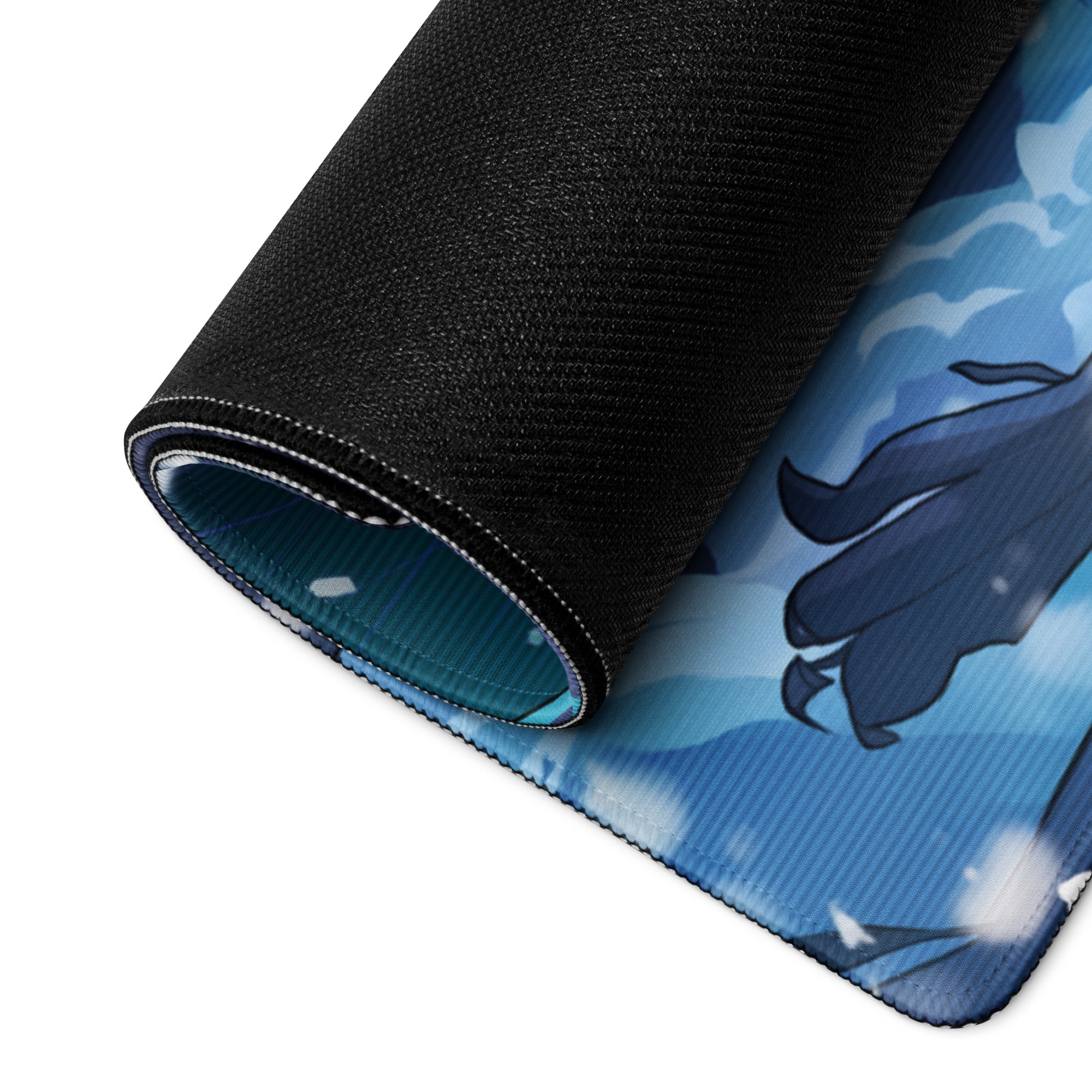Blue and black anime themed vaporwave neon warrior gaming mousepad with textured surface for desk use
