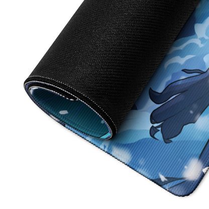Blue and black anime themed vaporwave neon warrior gaming mousepad with textured surface for desk use