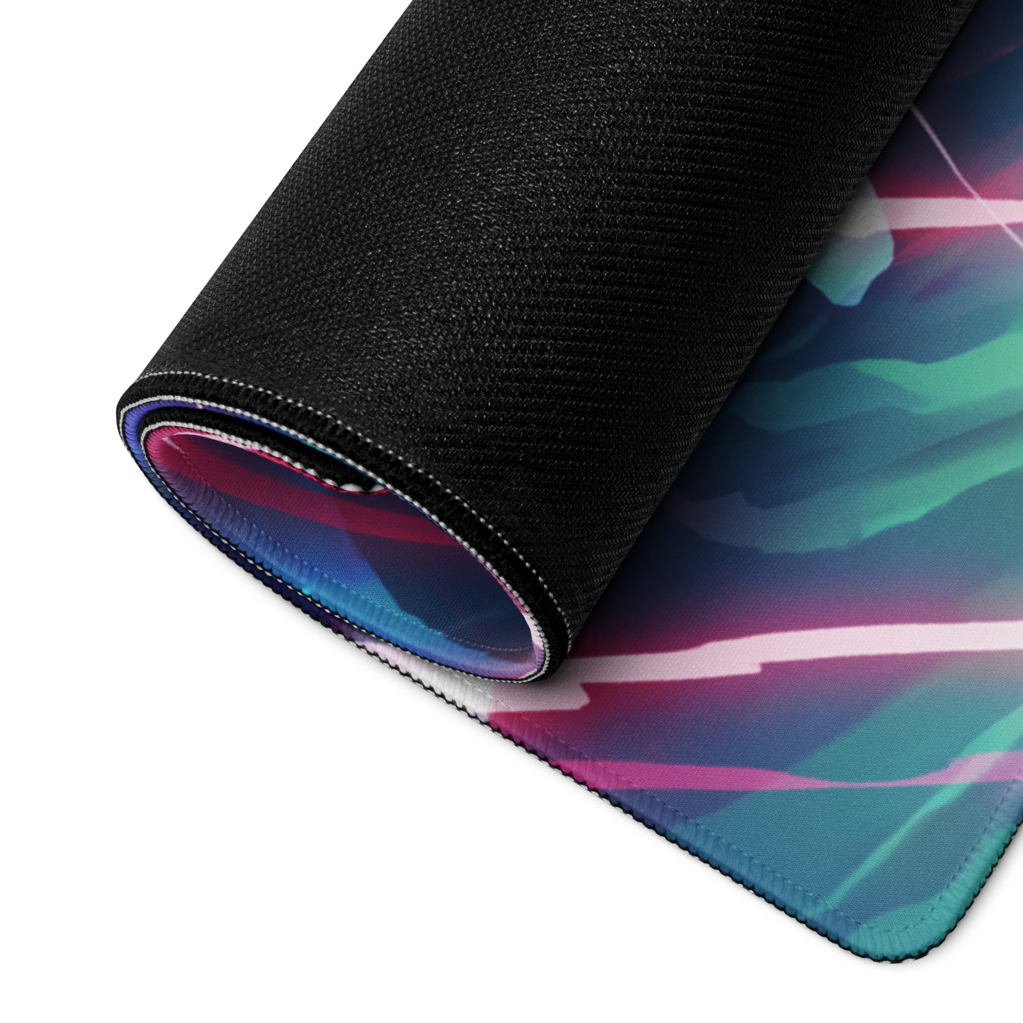 A rolled-up neon vaporwave gaming mouse pad with vibrant teal pink and purple swirling gradients for cyberpunk desks