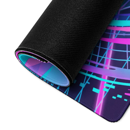 Rolled-up vaporwave neon warrior gaming mousepad with vibrant pink cyan and purple grid design on dark surface