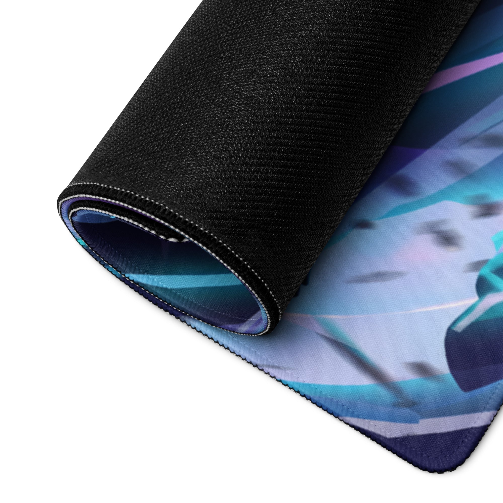 A rolled-up neon vaporwave night pad pro gaming mouse pad with vibrant blue and purple anime design and black stitched edges