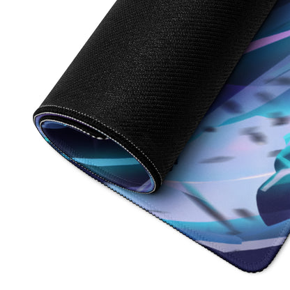 A rolled-up neon vaporwave night pad pro gaming mouse pad with vibrant blue and purple anime design and black stitched edges