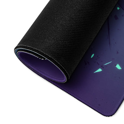 Vaporwave Neon Warrior gaming mouse pad in black and purple with textured surface and glowing teal geometric accents
