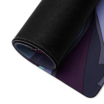 Black textured gaming mousepad with rolled edge featuring purple and gray anime vaporwave neon knight design