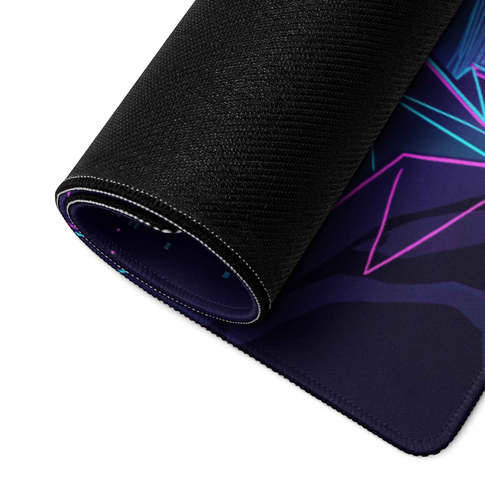 Black gaming mousepad with vibrant neon purple and blue geometric vaporwave design for cyberpunk gaming setup