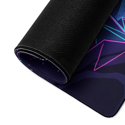 Black gaming mousepad with vibrant neon purple and blue geometric vaporwave design for cyberpunk gaming setup