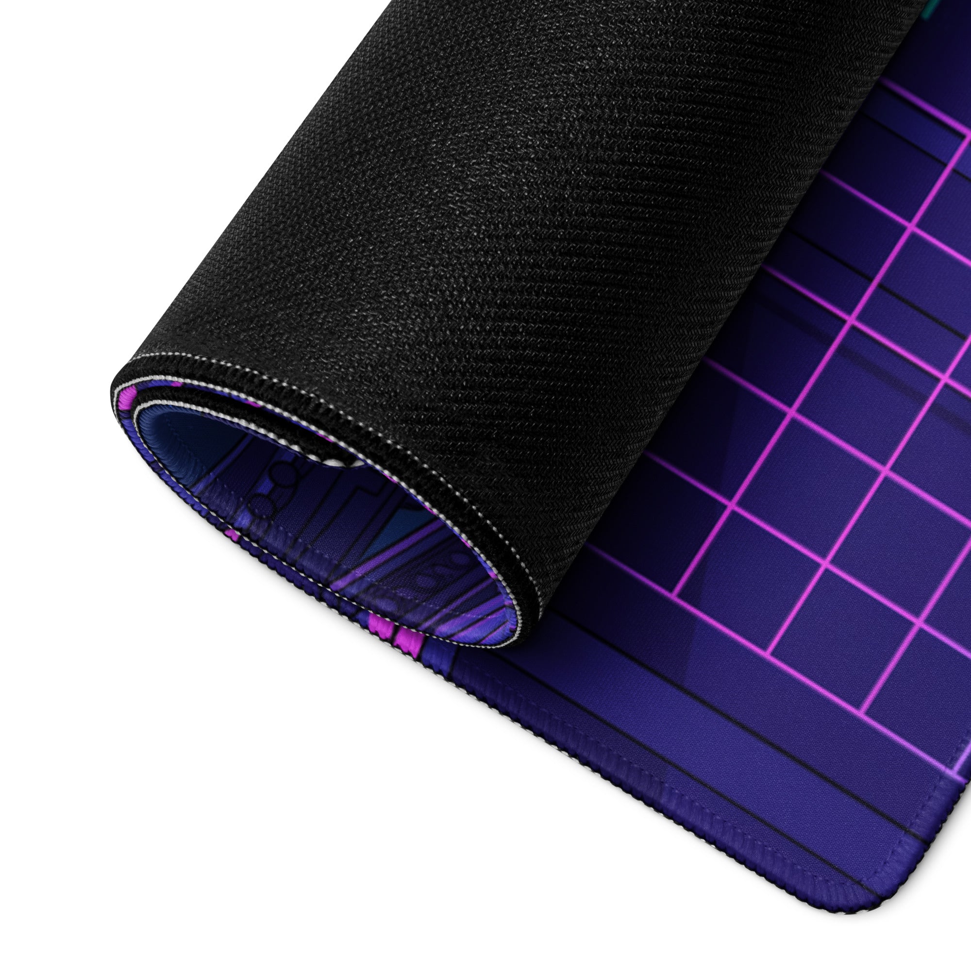 A rolled-up black gaming mousepad with a vibrant purple neon grid pattern for esports and digital art use