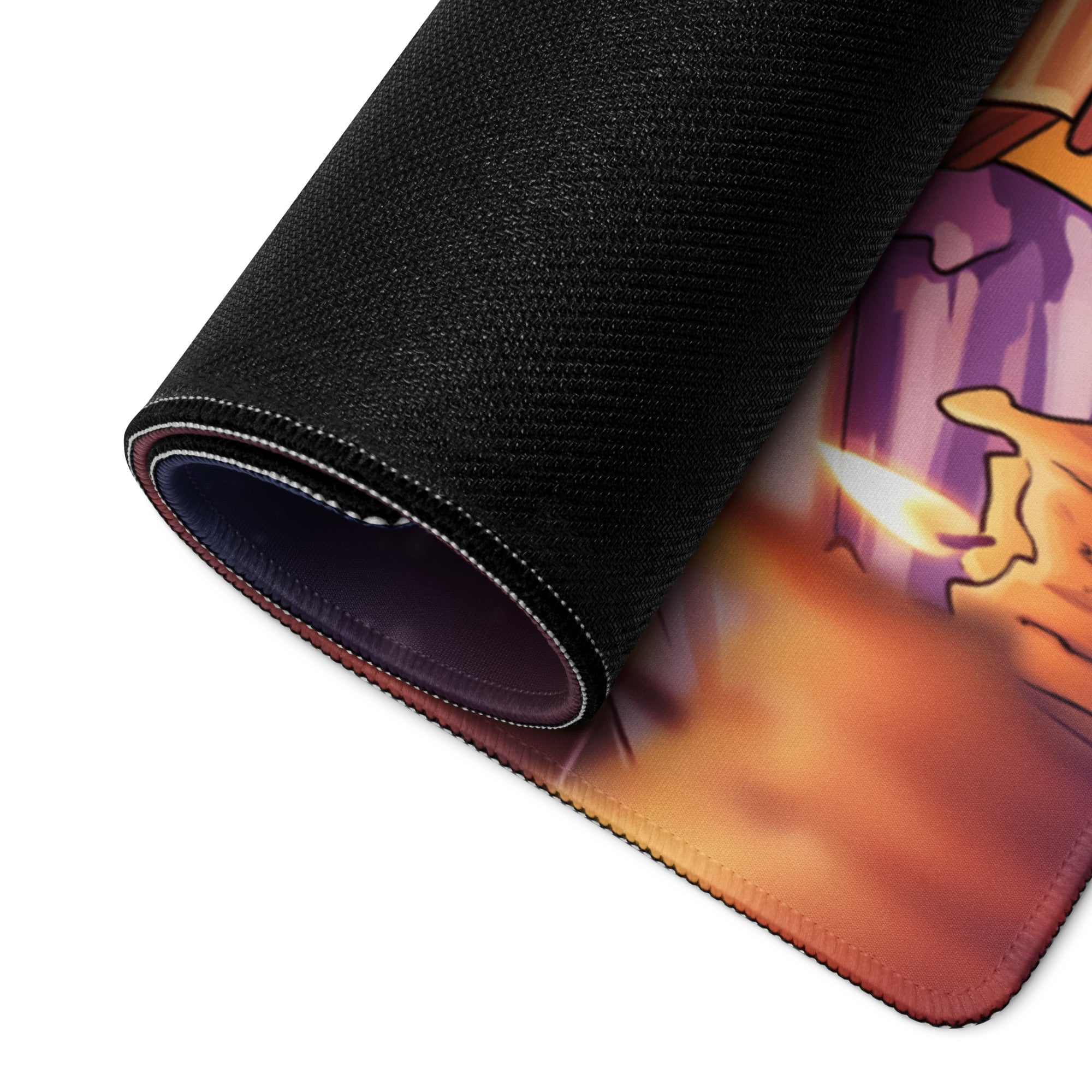 Black textured vaporwave dream mouse pad with vibrant purple orange anime-style illustration and stitched edge visible