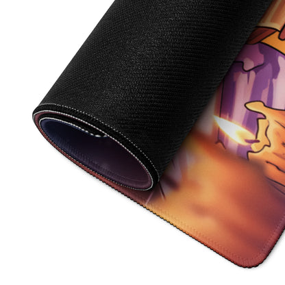 Black textured vaporwave dream mouse pad with vibrant purple orange anime-style illustration and stitched edge visible