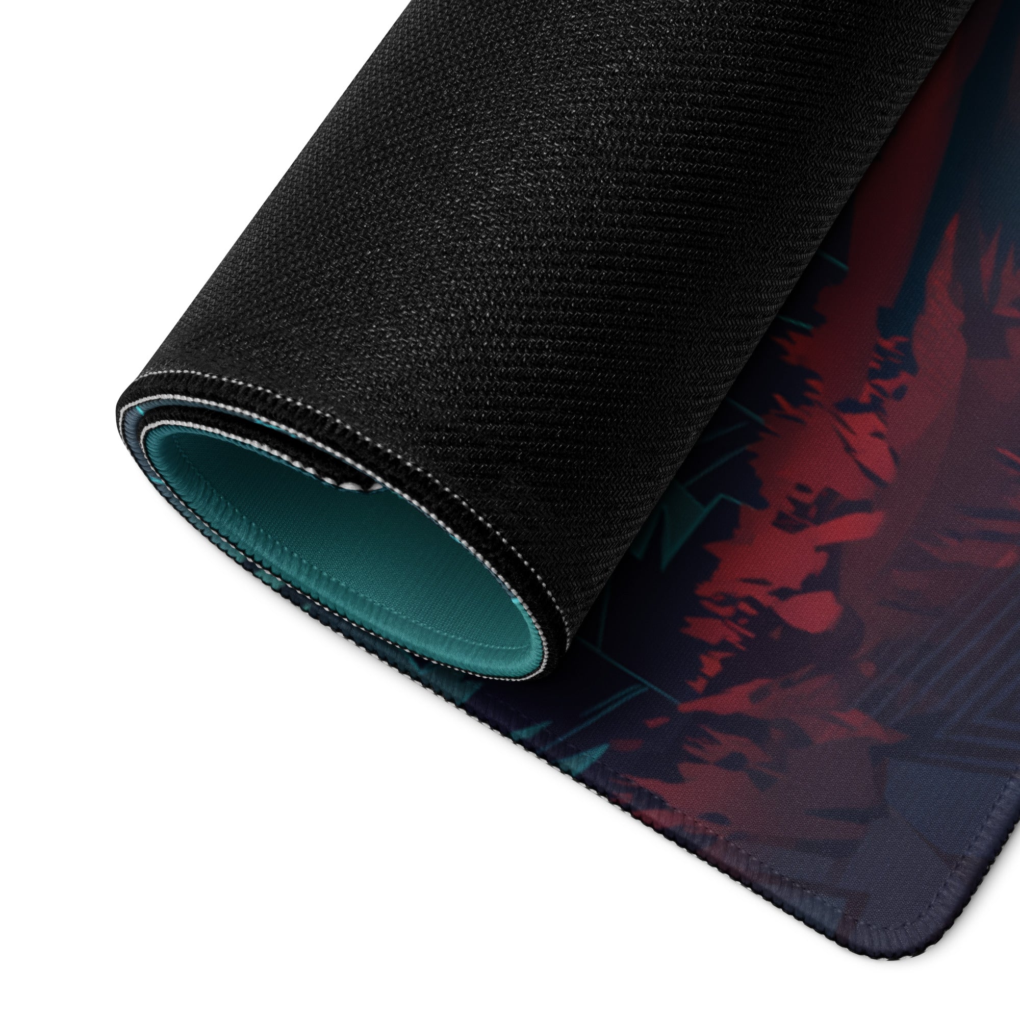 Black and teal vaporwave mountain neon mouse pad with textured surface and abstract red dark blue design