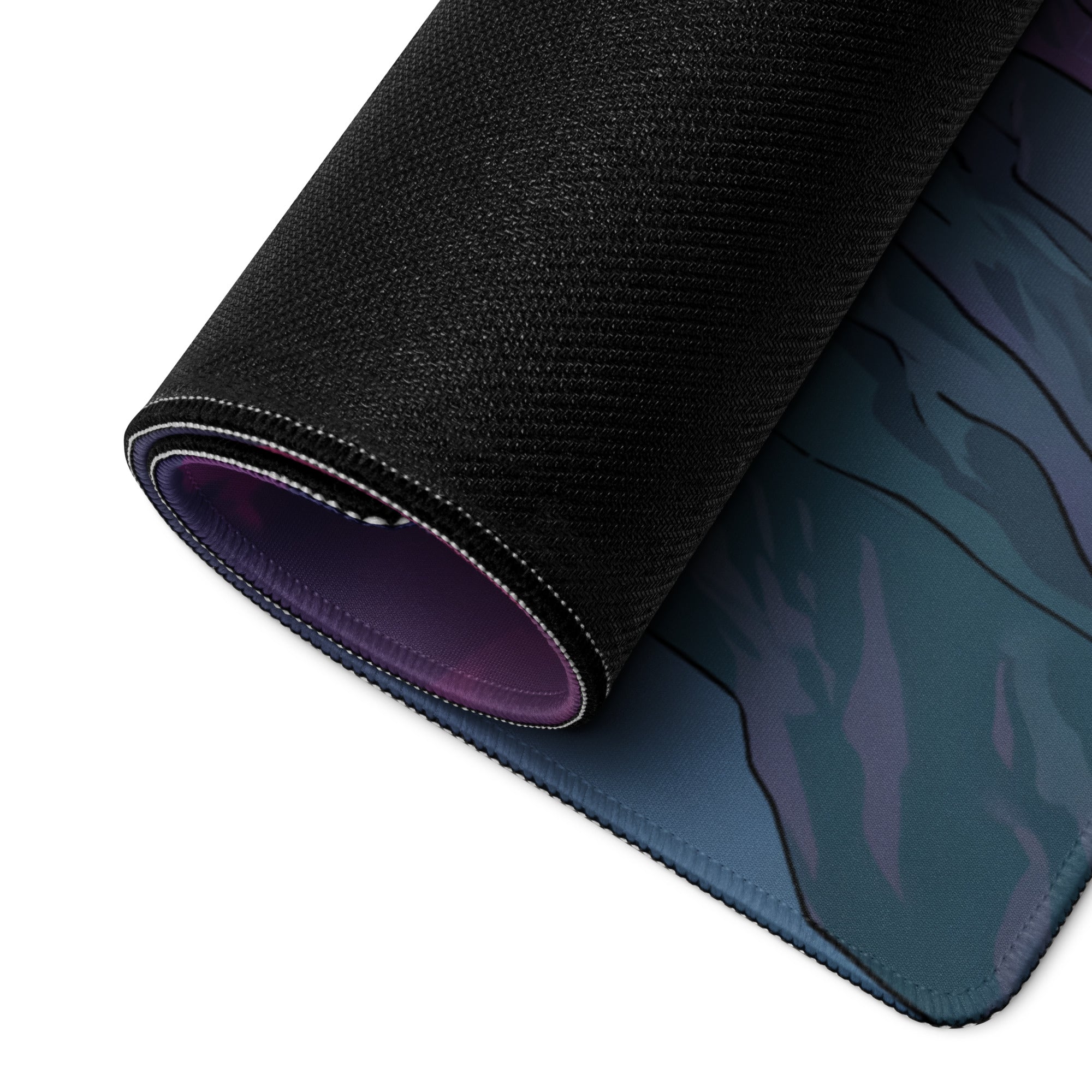 Black textured neon mountain portal gaming mouse pad with dark blue purple gradient and stitched edges rolled partially