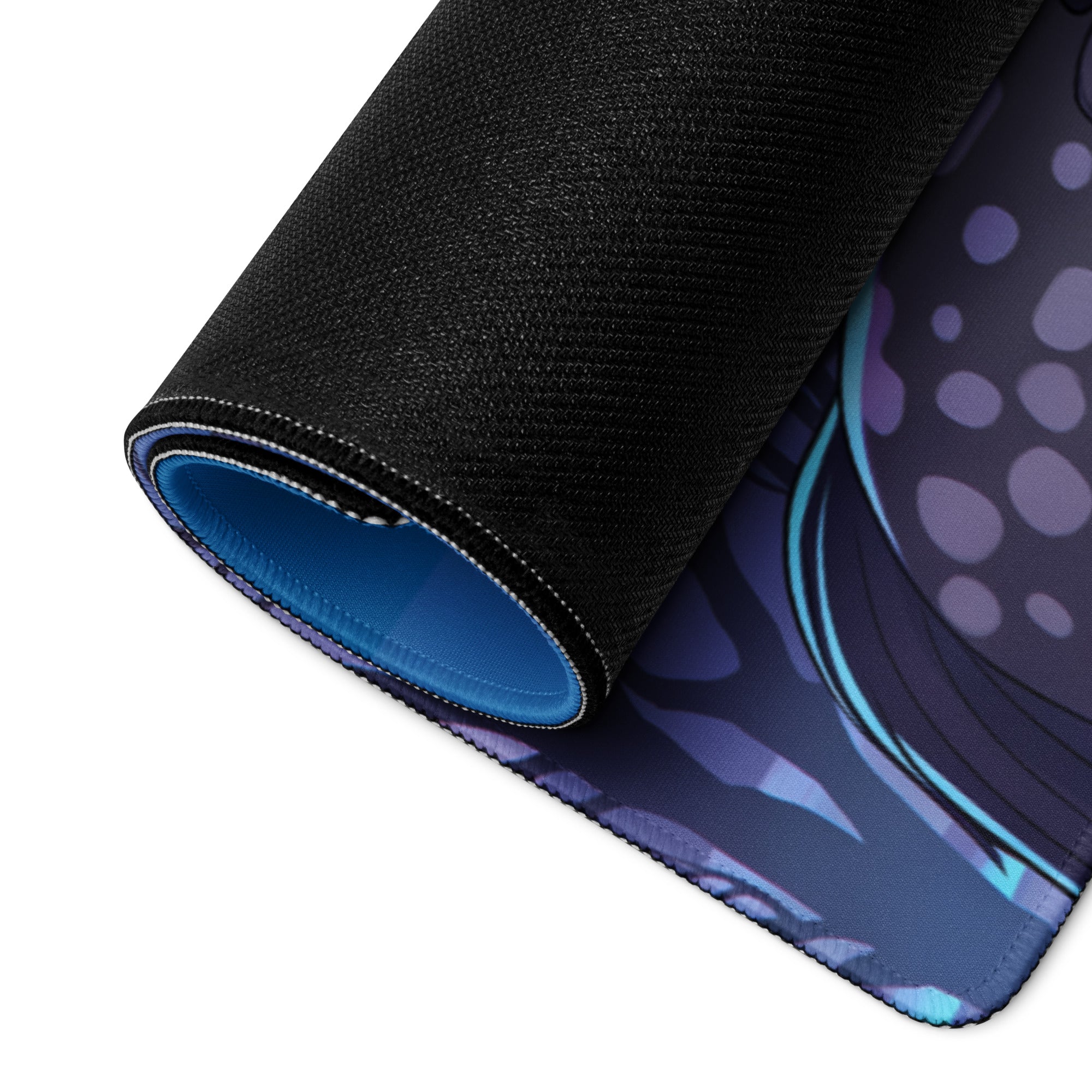 A rolled-up black gaming mousepad with vibrant purple and blue vaporwave neon dragon design and stitched edges