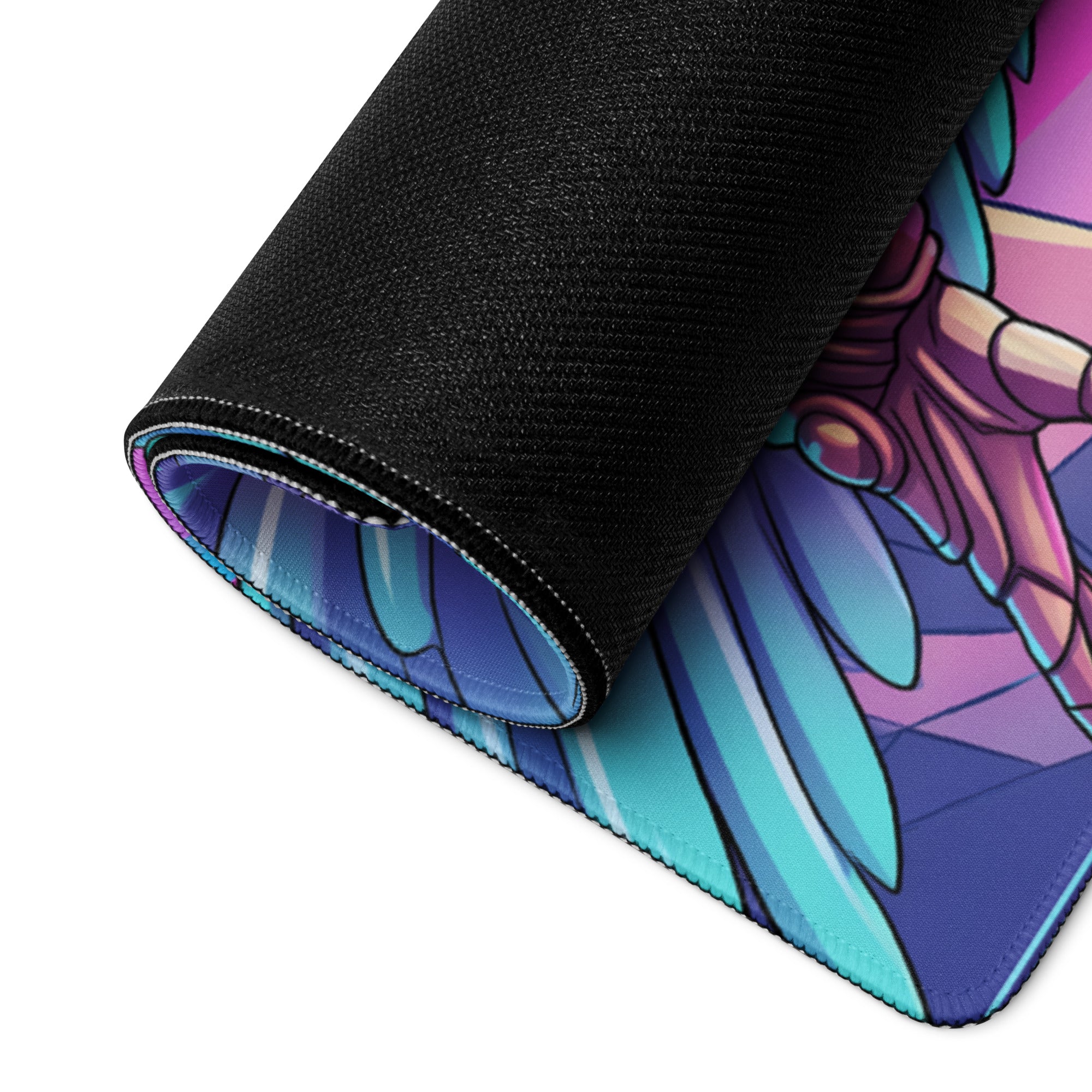 Rolled-up vaporwave winged warrior gaming mousepad with teal and purple wings on a cosmic blue and purple background