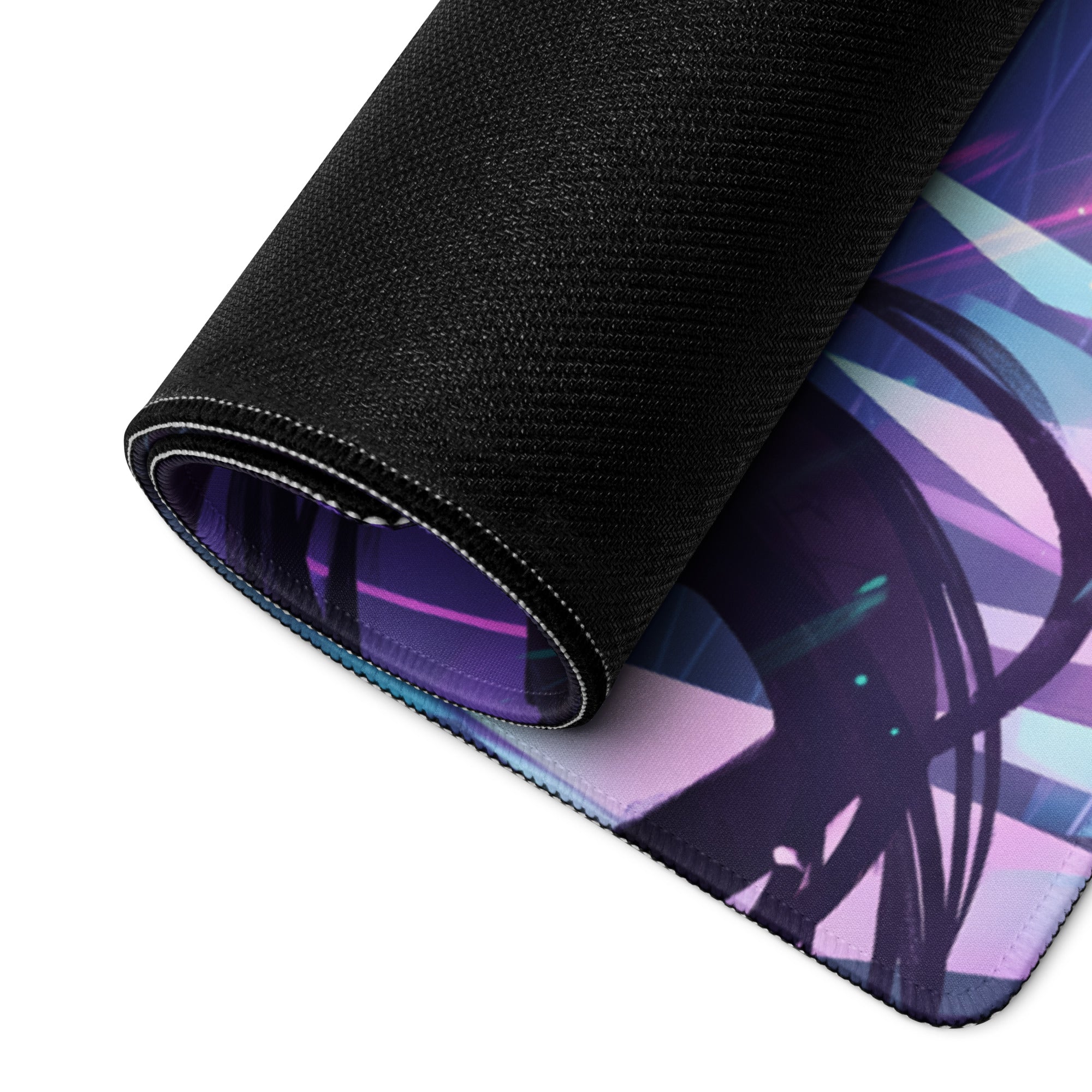 A rolled-up black gaming mouse pad with vibrant purple pink and blue vaporwave anime neon design for energetic desk use