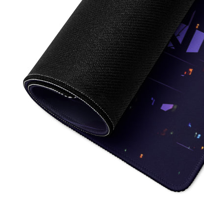 Black textured gaming mousepad with dark blue and purple cosmic design featuring glowing orange and green accents