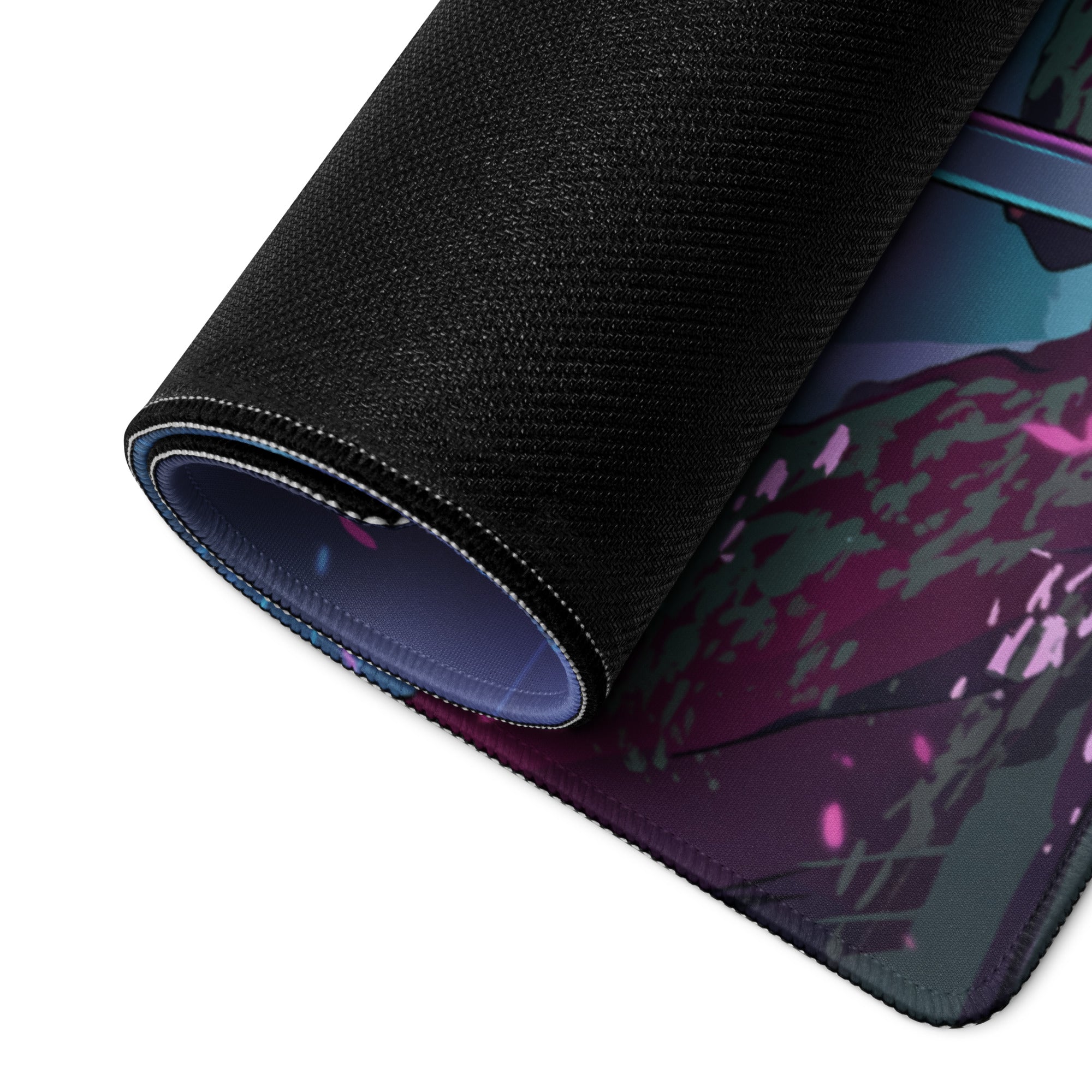 A rolled-up black gaming mousepad with a vibrant anime-style vaporwave design in purple pink and teal hues