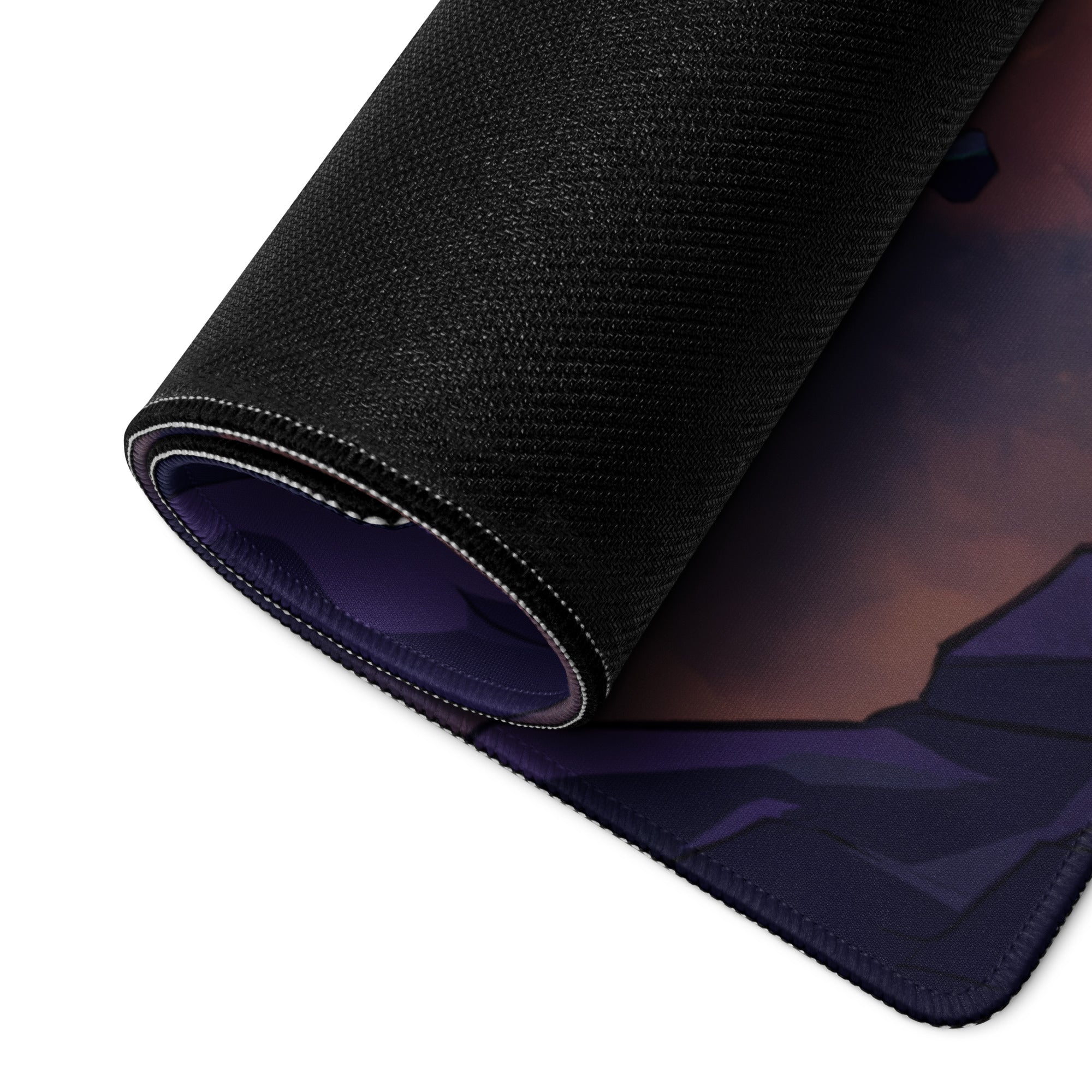 Black textured gaming mousepad with rolled edge and purple interior lining for vaporwave neon nightscape setup