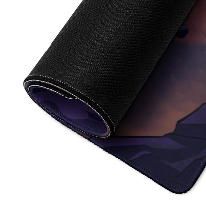 Black textured gaming mousepad with rolled edge and purple interior lining for vaporwave neon nightscape setup
