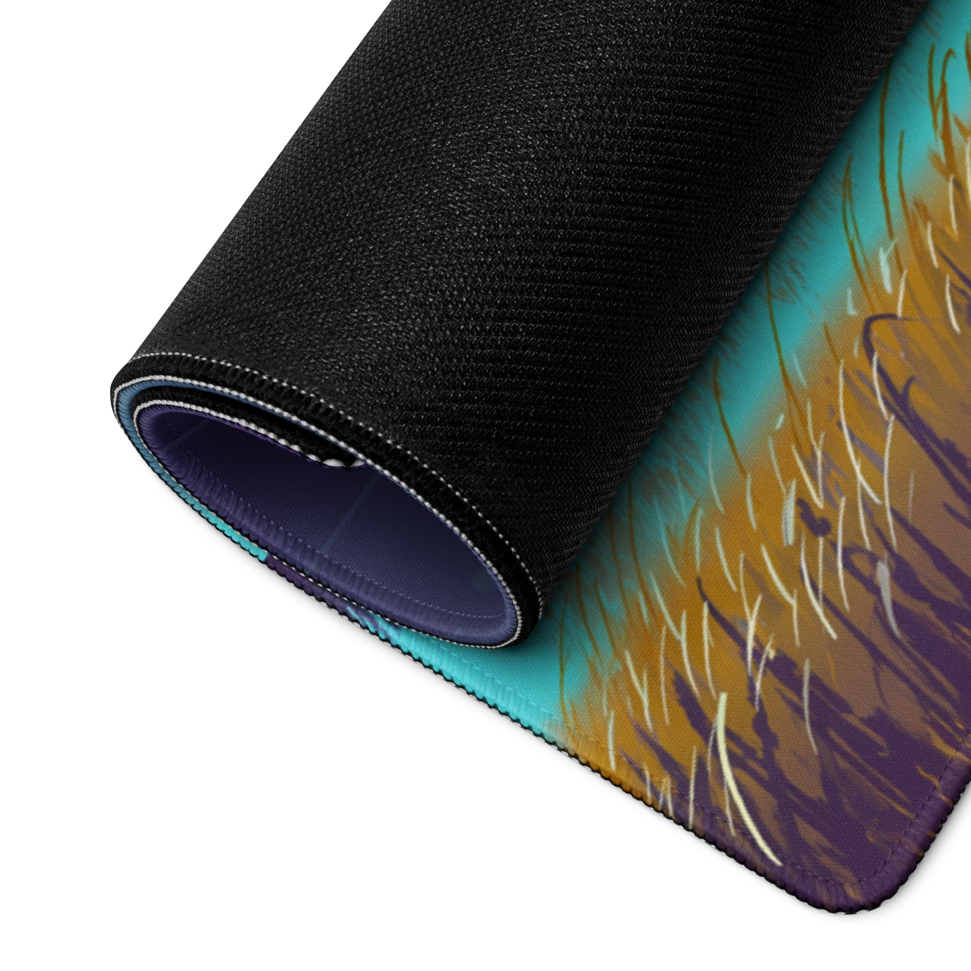A rolled-up vaporwave neon galaxy gaming mouse pad with vibrant teal gold and purple stylized grass design