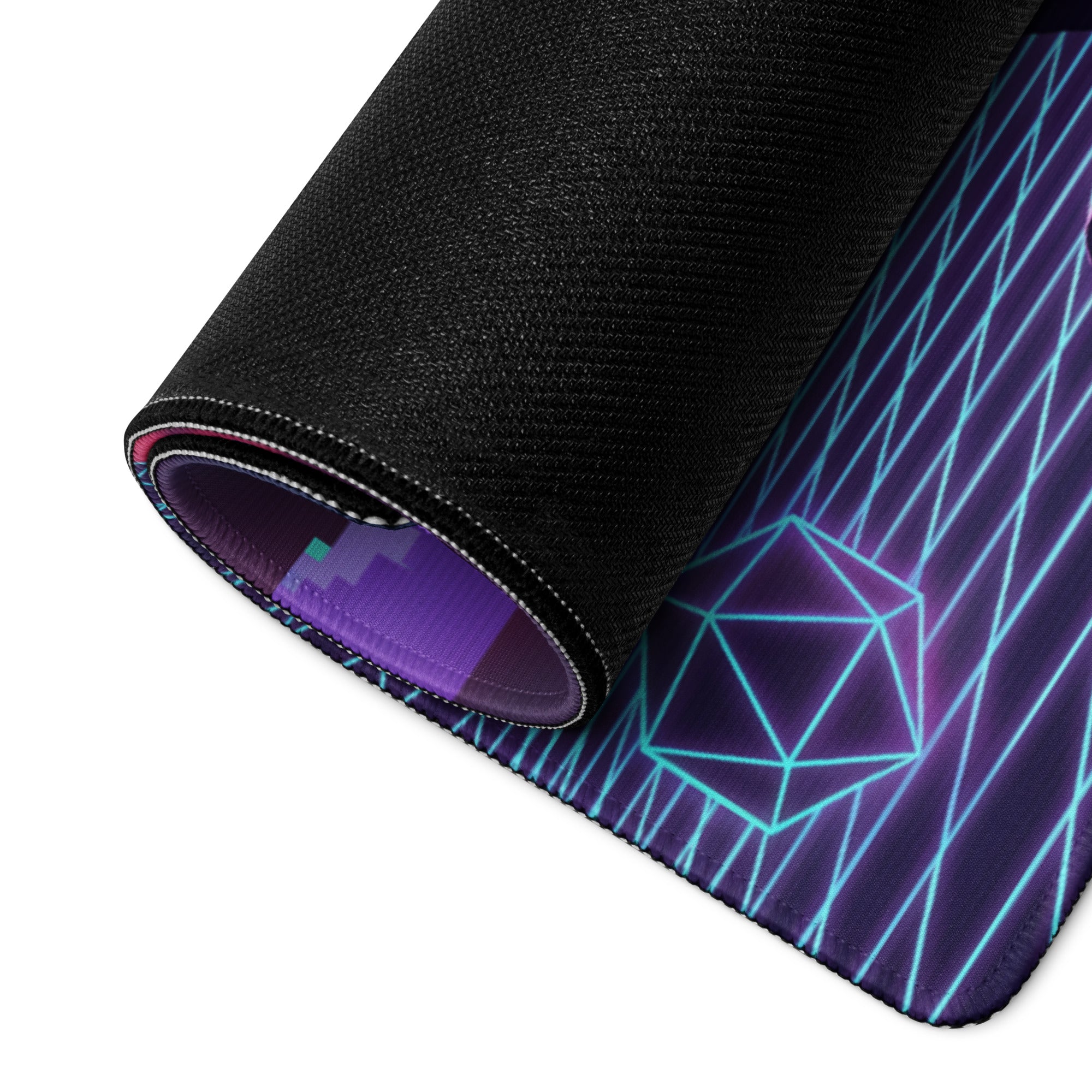 A rolled-up black gaming mousepad with vibrant purple and cyan geometric neon lines vaporwave design
