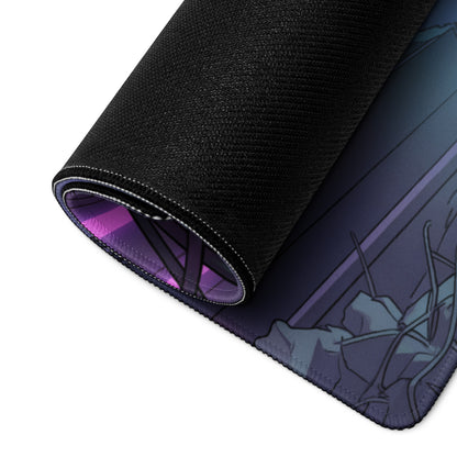 Black textured gaming mousepad with purple and gray anime-style neon vaporwave violinist illustration