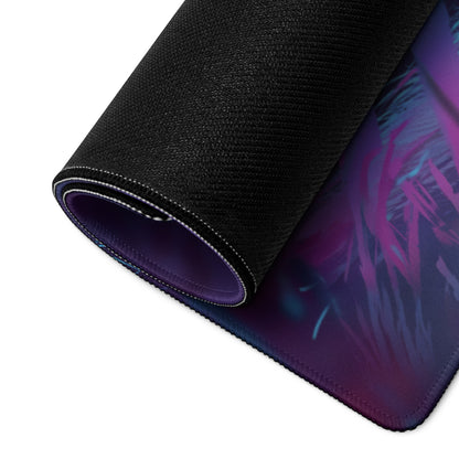 A rolled-up black gaming mouse pad with vibrant purple and pink neon vaporwave abstract design for desk use