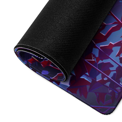 A rolled-up vaporwave neon gaming mouse pad with a black textured surface and vibrant purple red and blue geometric art