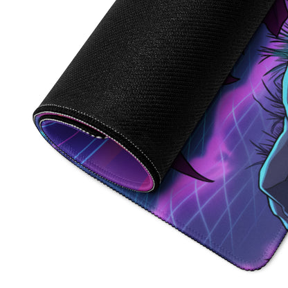 Rolled-up vaporwave neon mountain gaming mouse pad with vibrant anime design purple blue gradients stitched edges