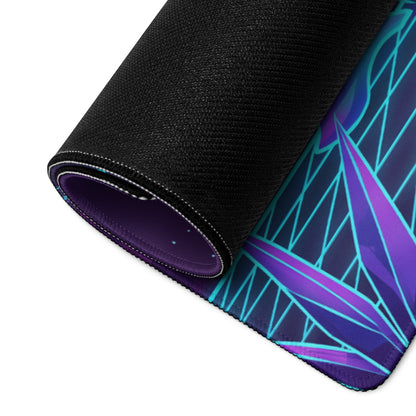 A rolled-up vaporwave neon dragon mouse pad with black textured surface and vibrant purple blue teal geometric patterns