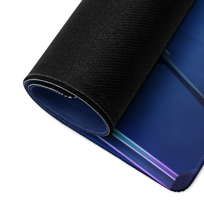 Black textured gaming mousepad with vibrant blue and purple gradient on the underside neon vaporwave fusion design