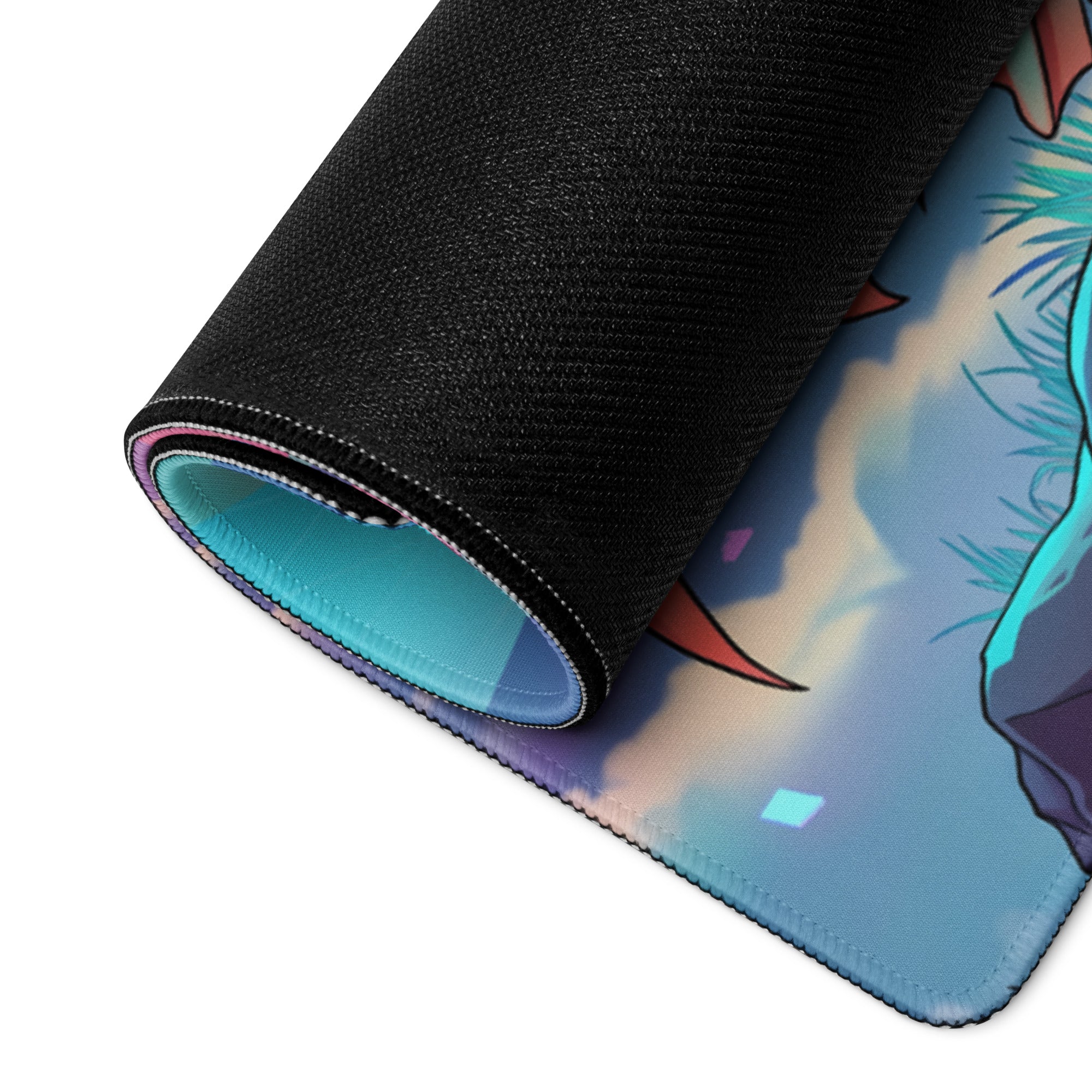 Vaporwave warrior mouse pad with black textured surface and vibrant teal purple anime illustration rolled to show blue lining