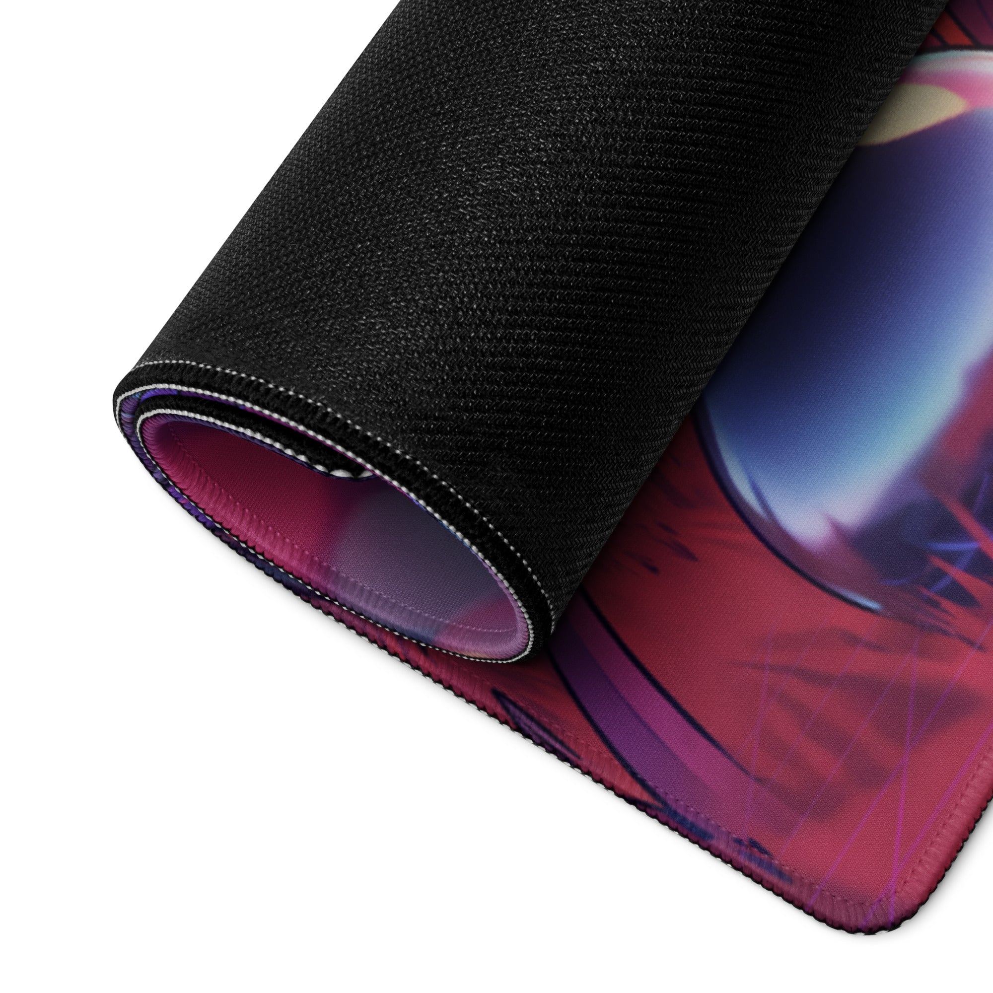 A rolled-up black gaming mousepad with a vibrant vaporwave neon ghost anime graphic in pink purple and blue hues