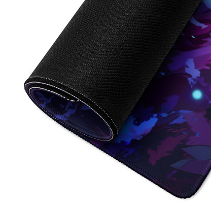 Rolled-up neon dragon vaporwave mouse pad with vibrant cosmic blue purple and teal design for gaming desks