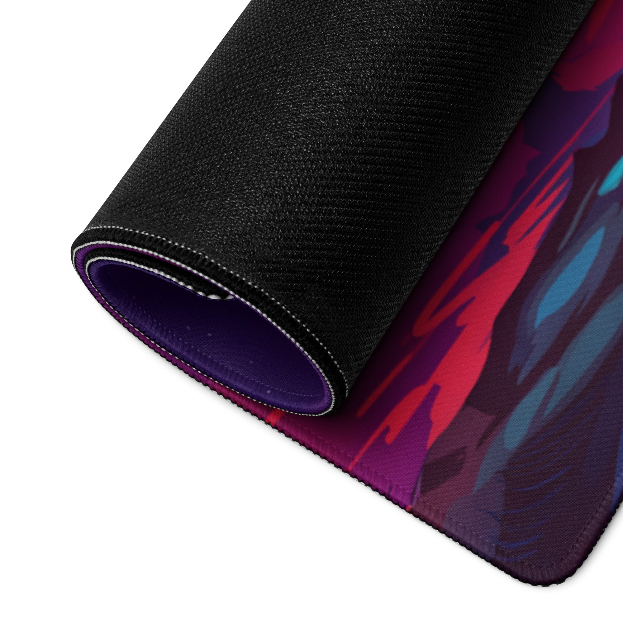A rolled-up vaporwave neon night gaming mouse pad with vibrant red purple and blue abstract digital art design