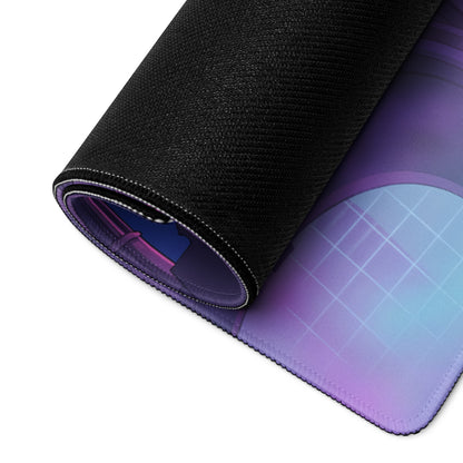 Rolled-up black gaming mousepad with vibrant purple and blue gradient and subtle grid lines for vaporwave desk setup