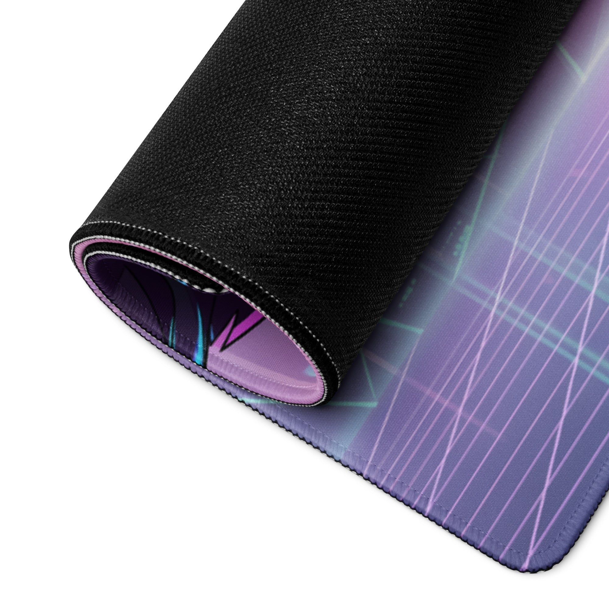 A rolled-up black gaming mousepad with a vibrant purple and blue gradient and geometric vaporwave neon design