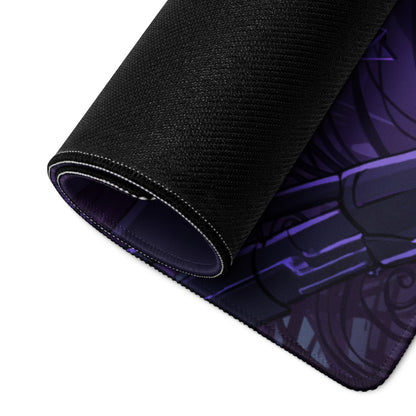 Black gaming mouse pad with purple anime character design and stitched edges for vaporwave neon cyberpunk setup