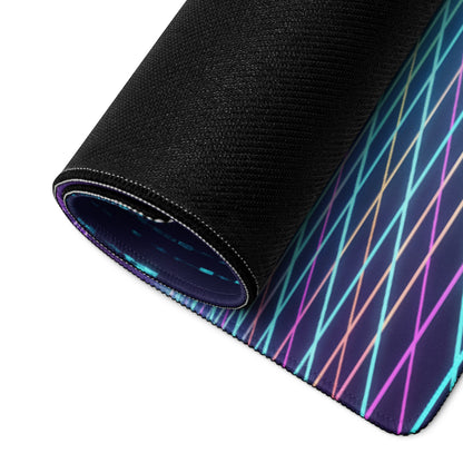 Rolled-up black vaporwave neon warrior mouse pad with iridescent blue purple pink diagonal stripes for desk setup