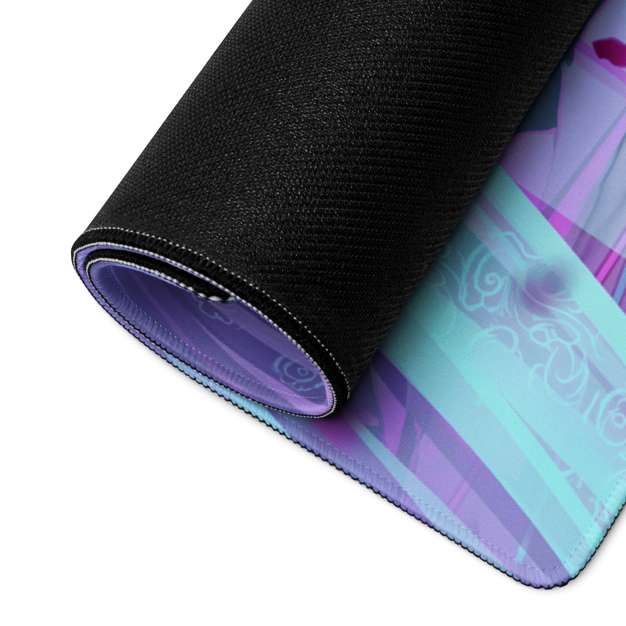 Rolled-up vaporwave angel wing gaming mousepad with purple teal gradient anime artwork and black textured outer layer