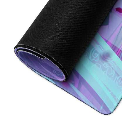Rolled-up vaporwave angel wing gaming mousepad with purple teal gradient anime artwork and black textured outer layer