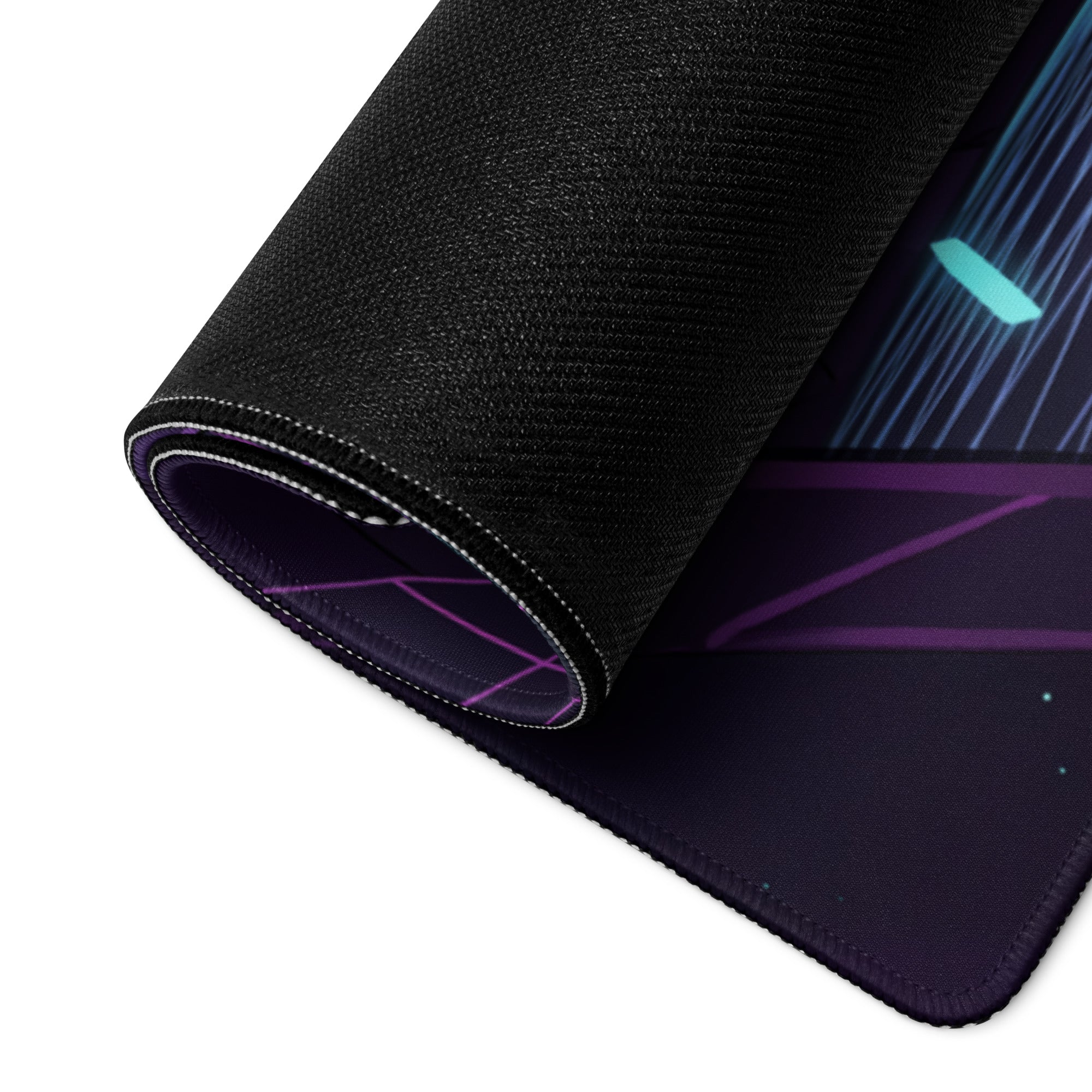 Black gaming mousepad with sleek textured surface and vibrant purple teal geometric vaporwave design for gaming desk