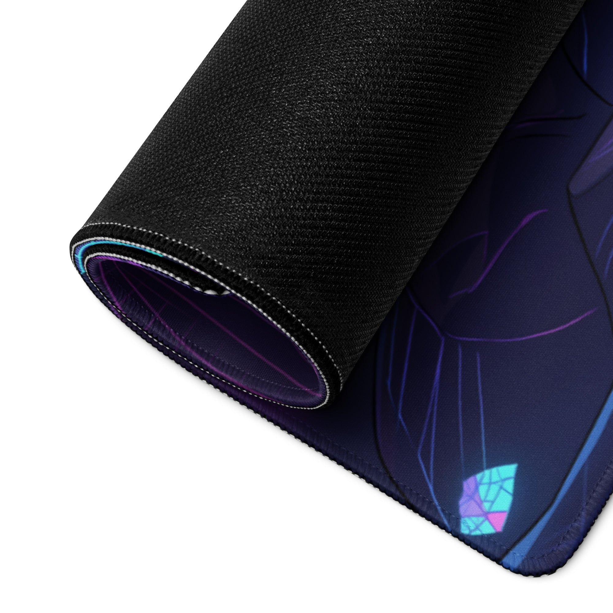 Black gaming mousepad with vibrant purple and blue geometric neon katana vaporwave design and glowing accents