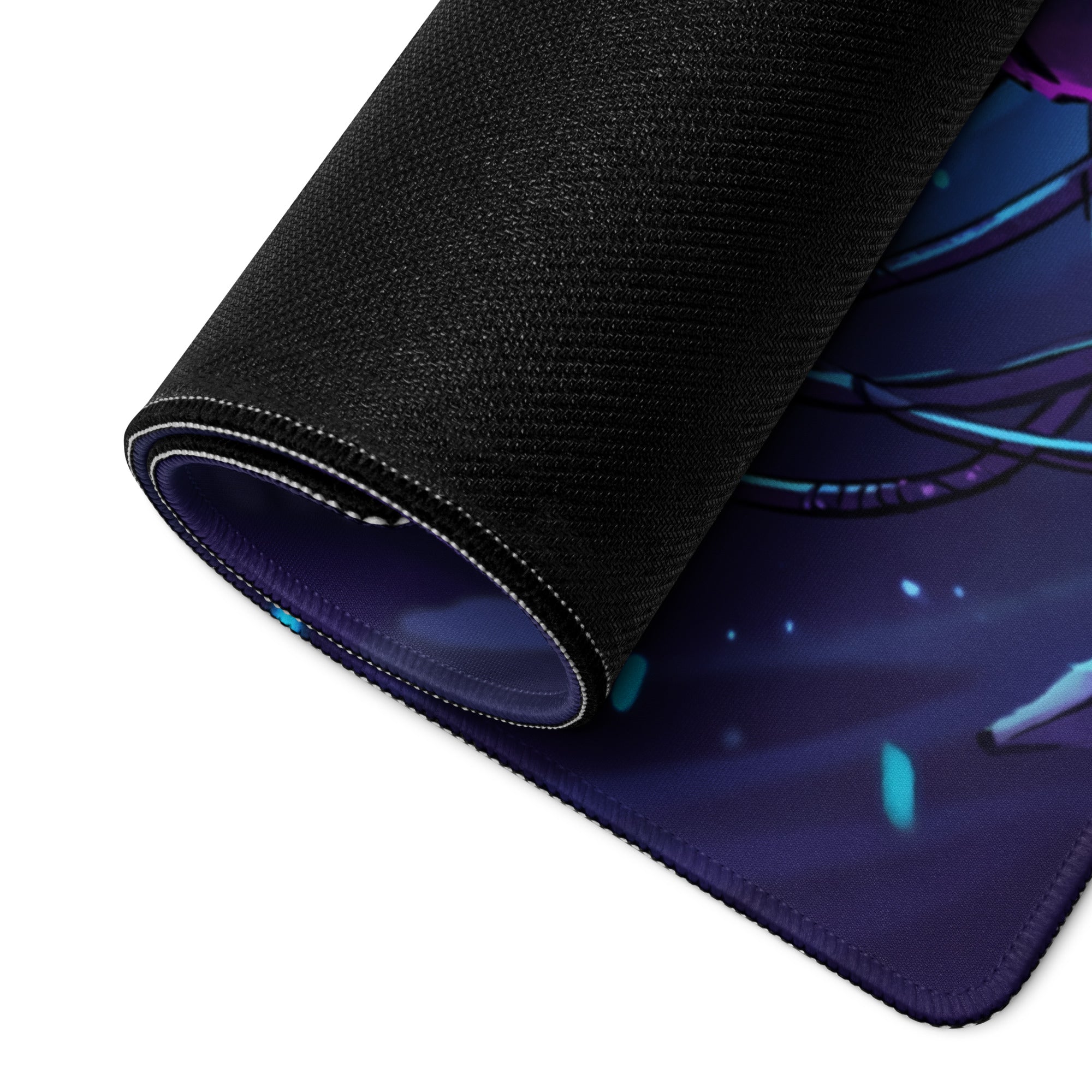 Rolled-up black gaming mousepad with vibrant anime-style neon vaporwave sorceress design in purple blue and teal accents