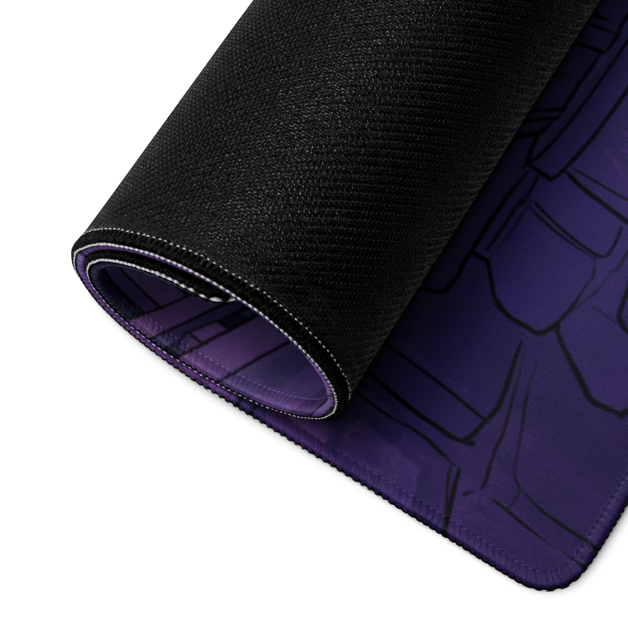 Black and purple neon vaporwave gaming mouse pad with textured surface and anime-style character design