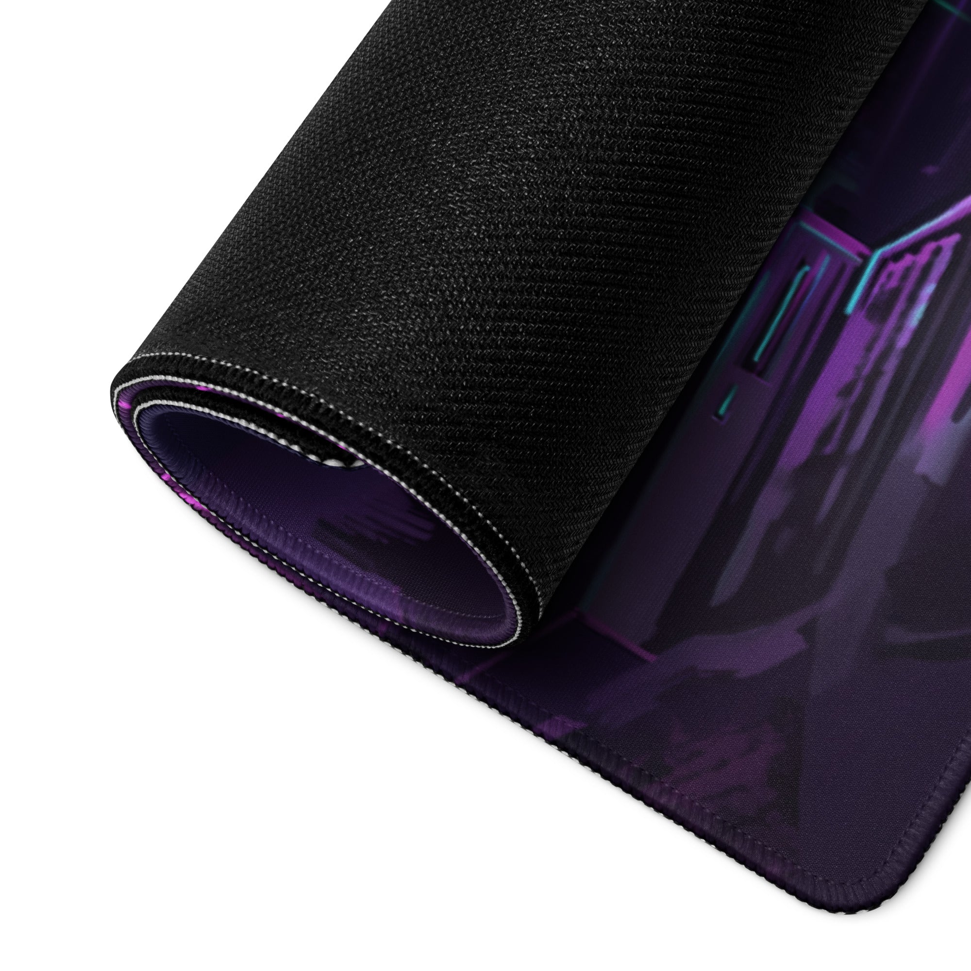 Black textured mousepad with vibrant purple and teal vaporwave neon flight design for gaming desks and futurism setups