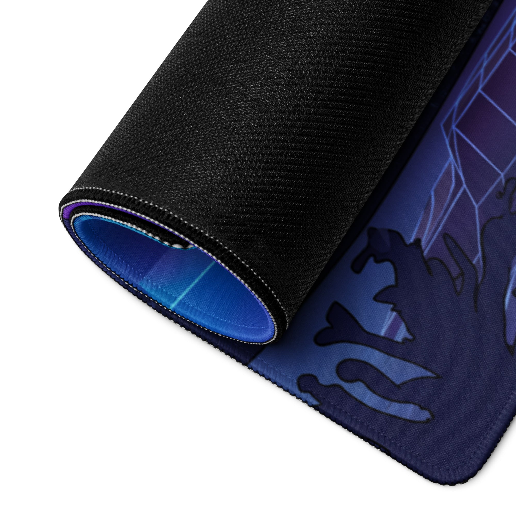 Black and blue textured gaming mousepad with anime style design vaporwave neon sunset mood for desk use
