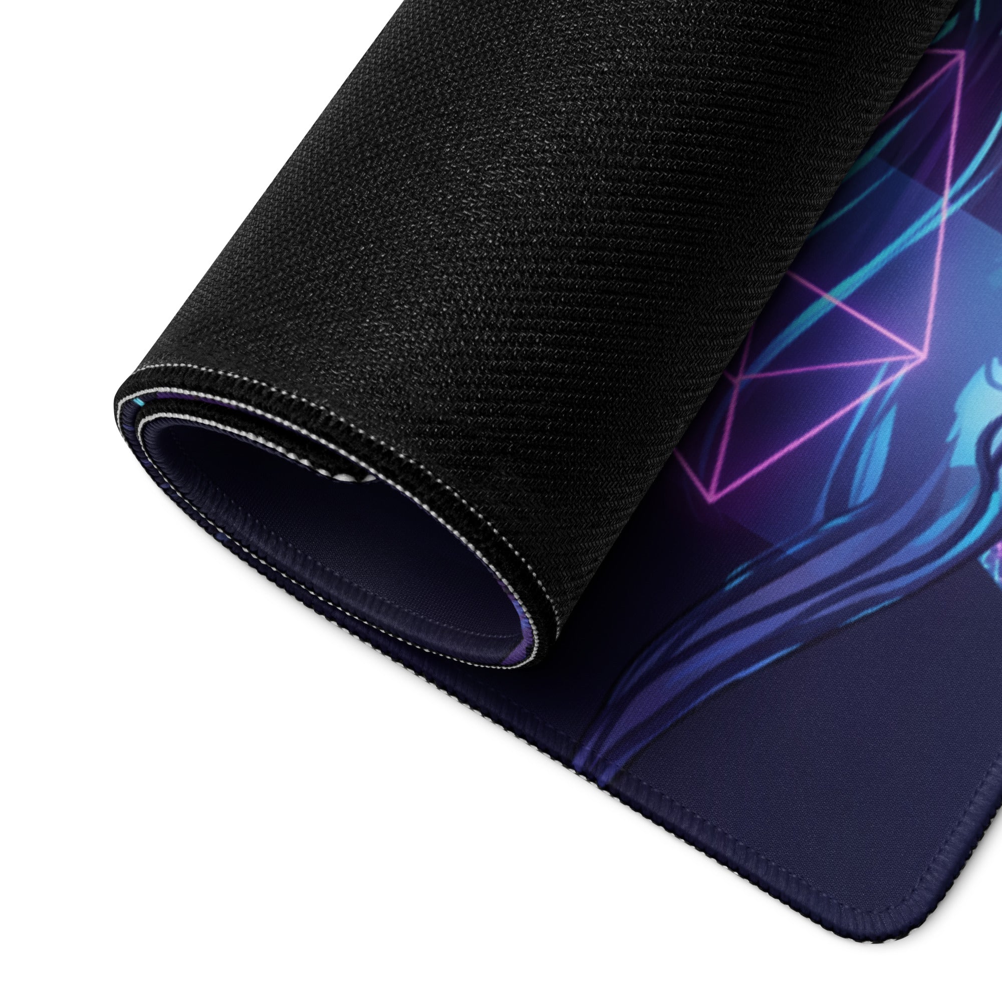 A rolled-up black gaming mousepad with a neon purple and blue geometric design featuring an anime-style vaporwave goddess